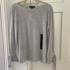 Long Sleeve Gray Print Blouse with Bow Detail